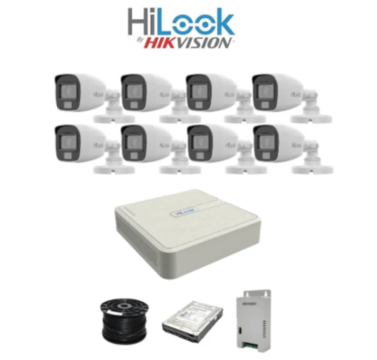 HiLook 2MP Dual Smart-Hybrid Light 8ch Turbo HD kit - DVR - 8 x HD1080P Hybrid Light Camera - 20M Night vision - 500GB HD - 100m Cable