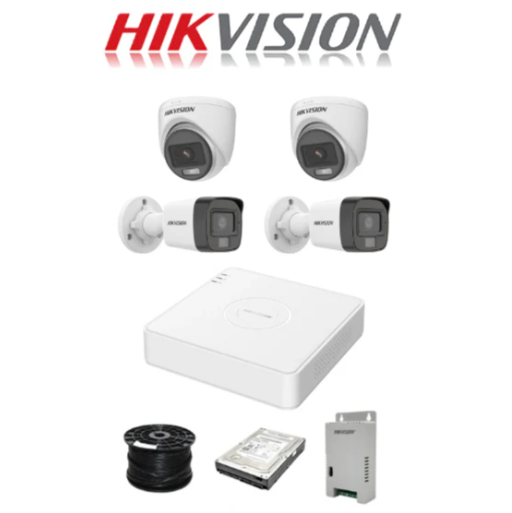 Hikvision 4-Channel Turbo HD System with Audio over Coaxial – 1080P Lite DVR, 2 Bullet + 2 Turret Dual-Light Audio Cameras, 320GB HDD, 100m Cable