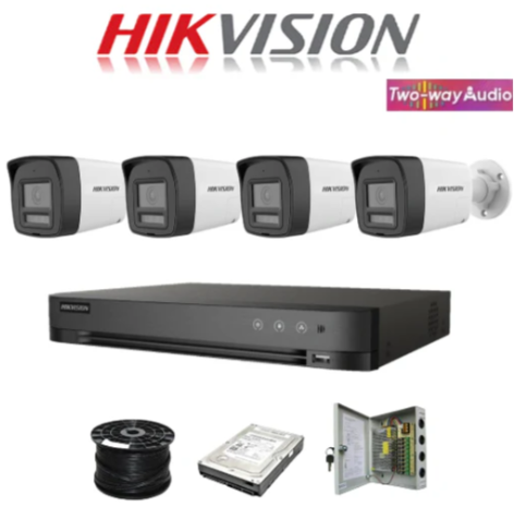 Hikvision 4-Channel Turbo HD AcuSense Kit with Two-Way Audio &amp; Active Siren – 1080P DVR, 4 x 2MP Bullet Cameras, 1TB HDD, 100m Cable, 20m Night Vision