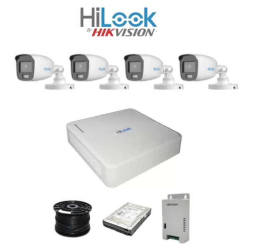 Colour Night vision - Hilook by Hikvision 4ch Turbo HD kit - 4 x 1080p ColorVu cameras - 20m Full colour night vision - 500GB HDD - 100m Cable