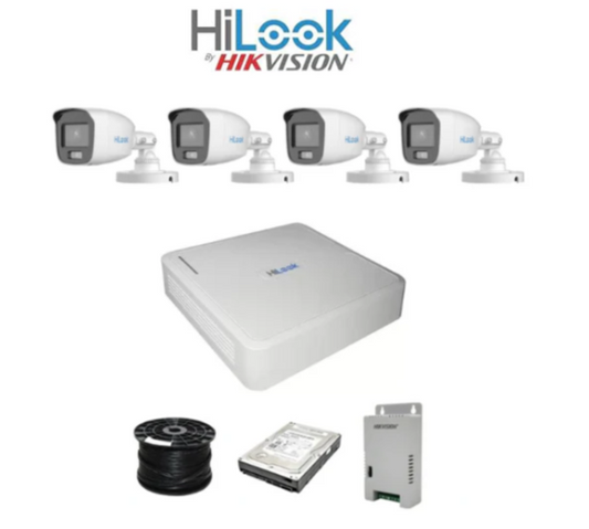 Colour Night vision - AUDIO- Hilook by Hikvision 4ch Turbo HD kit - 4 x 1080p ColorVu Audio cameras - 20m Full colour night vision - 500GB HDD - 100m Cable