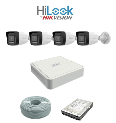 HiLook by Hikvision 2MP IP AUDIO camera kit - 8ch NVR with 8 POE - 4 x 2MP IP cameras 30m IR - 1TB HDD - 100m Cat5 cable