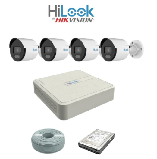 HiLook by Hikvision 4ch IP ColorVU Kit - 4ch NVR - 4 x 2MP IP ColorVU cameras 30M Night Vision, 1TB HDD, 100M Cable