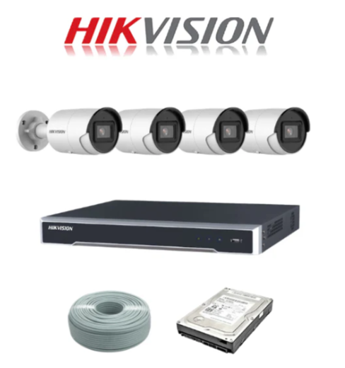 Hikvision 8MP IP camera kit - 8ch 4K NVR - 4 x 8MP AcuSense IP cameras - 1TB HDD - 100M cable