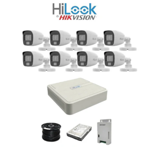 HiLook 2MP Dual Smart-Hybrid Light 8ch Turbo HD kit - DVR - 8 x HD1080P Hybrid Light Camera - 20M Night vision - 500GB HD - 100m Cable