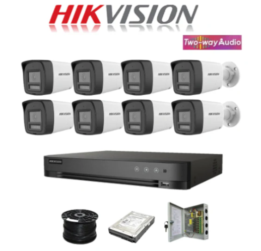 Hikvision 8ch Turbo HD kit - HD DVR - 8 x 2MP Two Way Audio & Siren Cameras - 1TB HDD - 100m Cable - 20m Night vision