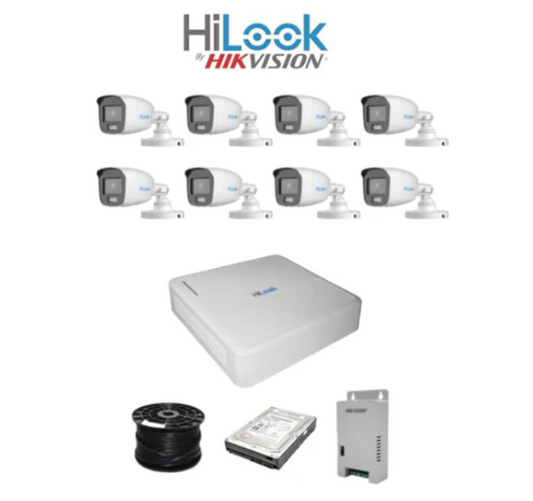 Colour Night vision -AUDIO- Hilook by Hikvision 8ch Turbo HD kit - 8 x 1080p ColorVu cameras - 20m Full colour night vision - 500GB HDD - 100m Cable