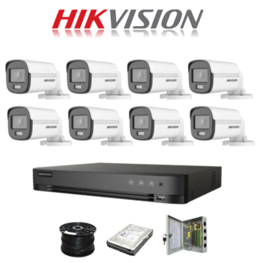 Hikvision 8 Channel 3K 5MP 20M ColorVu Kit | 8x 5MP SMART HYBRID Colorvu Cameras | 1TB HDD | 100m RG59