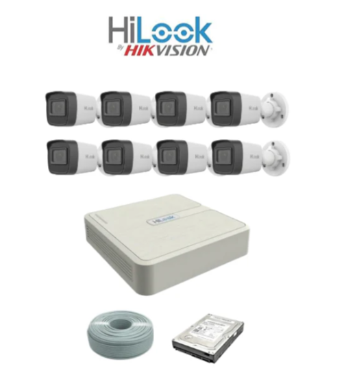 HiLook by Hikvision 2MP IP camera kit - 8ch NVR with 8 POE - 8 x 2MP IP cameras 30m IR - 1TB HDD - 100m Cat5 cable