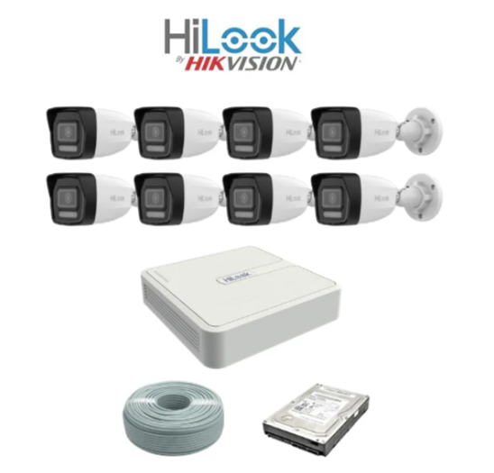 HiLook by Hikvision 2MP IP AUDIO camera kit - 8ch NVR with 8 POE - 8 x 2MP IP cameras 30m IR - 1TB HDD - 100m Cat5 cable