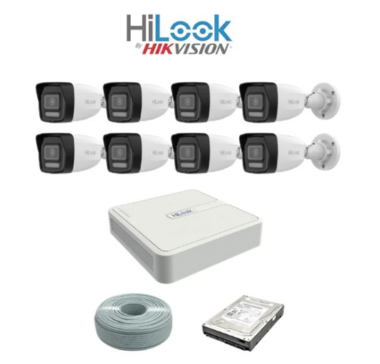HiLook by Hikvision 2MP IP AUDIO camera kit - 8ch NVR with 8 POE - 8 x 2MP IP cameras 30m IR - 1TB HDD - 100m Cat5 cable