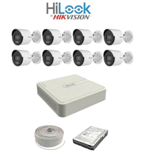 HiLook by Hikvision 8ch ColorVu IP Kit - 8ch NVR - 8 x 4MP IP ColorVu bullet cameras 30m Night vision, 2TB HDD, 100m. Cable