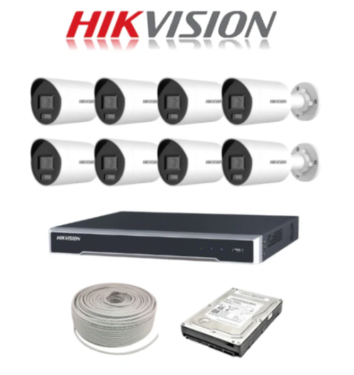 Hikvision 8ch IP ColorVu NVR kit - 8ch 4K NVR - 8 x 4MP IP ColorVu cameras - 2TB HDD -100m Cable - Colour Night Vision