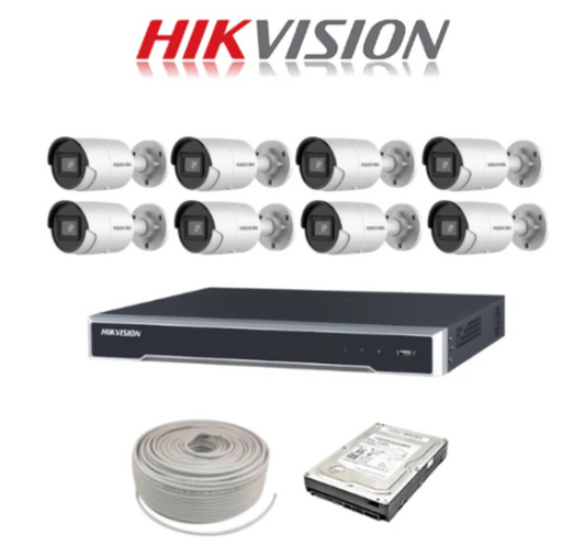 Hikvision 4MP IP camera kit - 8ch 4K NVR - 8 x 4MP IP AcuSense cameras - 2TB HDD - 100M cable - 40M Night vision