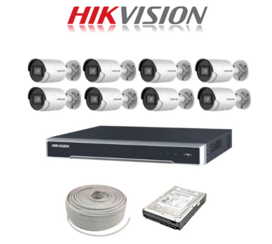 Hikvision 4MP IP camera kit - 16ch 4K NVR - 8 x 4MP AcuSense IP cameras - 2TB HDD - 100M cable - 40M Night vision