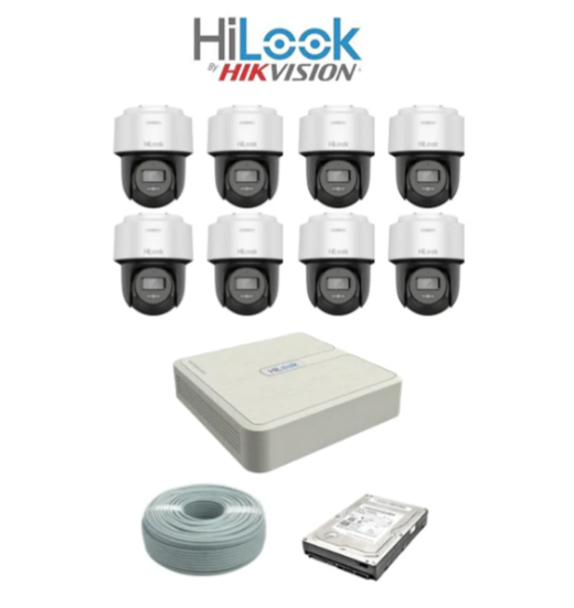 HiLook by Hikvision 4MP IP Pan Tilt Camera Kit - 8ch NVR with 8 POE - 8 x 4 MP IP Pan Tilt 0X DarkFighter IR Network Speed Dome - 1TB HDD - 100m Cat5 cable