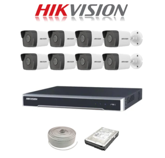 Hikvision 2MP IP camera kit - 8ch 4K NVR - 8 x 2MP IP cameras - 1TB HDD - 100M cable - 30M Night vision
