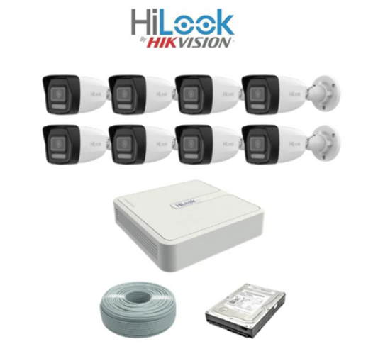 HiLook by Hikvision 4MP IP Smart Hybrid Light camera kit - 8ch NVR with 8 POE - 8 x 4MP IP cameras 30m IR - 1TB HDD - 100m Cat5 cable