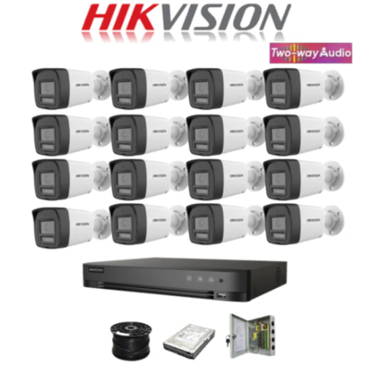 Hikvision 16ch Turbo HD kit - HD DVR - 16 x 2MP Two Way Audio & Siren Camera - 2TB HDD - 100m Cable - 20m Night vision