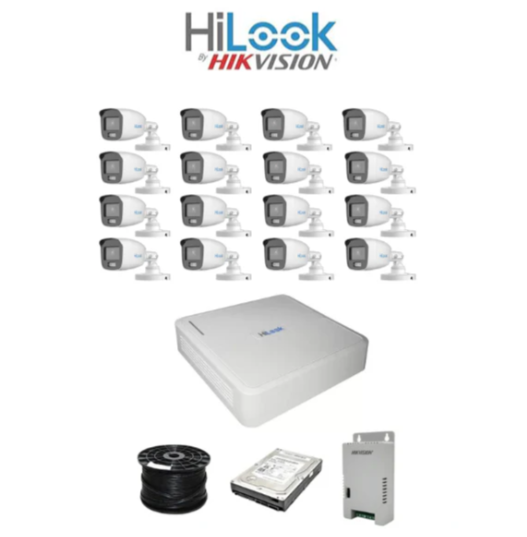 Colour Night vision - Hilook by Hikvision 16ch Turbo HD kit -16 x 1080p ColorVu cameras - 20m Full colour night vision - 1TB HDD - 100m Cable
