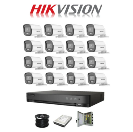 Hikvision 16 Channel 3K 5MP 20M ColorVu Kit | 16x 5MP SMART HYBRID Colorvu Cameras | 2TB HDD | 100m RG59