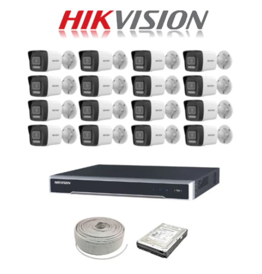 Hikvision Smart Hybrid 2MP IP camera kit, 16ch NVR with 16 POE, 16 x Hikvision 2MP IP bullet cameras 30m IR, 2TB HDD, 300m cable