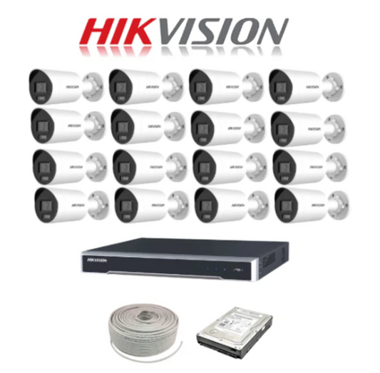 Hikvision 16ch IP ColorVu NVR kit - 16ch 4K NVR - 16 x 4MP IP ColorVu cameras - 2TB HDD -100m Cable - Colour Night Vision