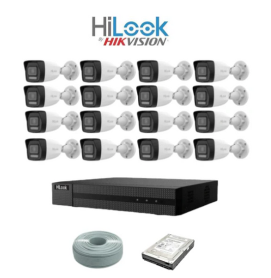 HiLook by Hikvision 16 Ch 4MP IP Smart Hybrid Light camera kit - 16ch NVR with 16 POE - 16 x 4MP IP cameras 30m IR - 2TB HDD - 305m Cat5 cable