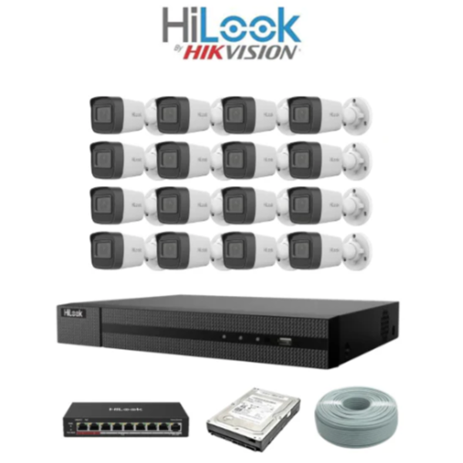 HiLook 2MP IP camera kit - 16ch NVR - 16 x 2MP IP cameras - 4TB HDD - 300M cable - 30M Night vision