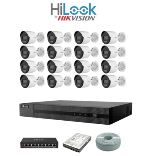 HiLook by Hikvision 16ch ColorVu IP Kit - 16ch NVR - 16 x 2MP IP ColorVu bullet cameras 30m Night vision, 4TB HDD, 305m Cable