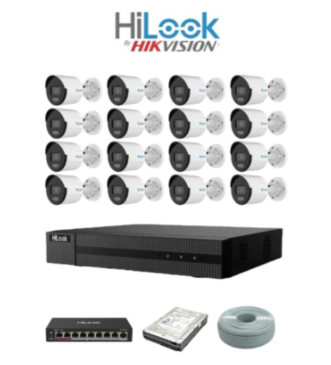 HiLook by Hikvision 16ch ColorVu IP Kit - 16ch NVR - 16 x 4MP IP ColorVu bullet cameras 30m Night vision, 4TB HDD, 305m Cable