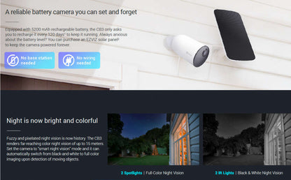 EZVIZ CB3 2K WiFi Battery Security Camera with Solar Panel Bundle Kit
